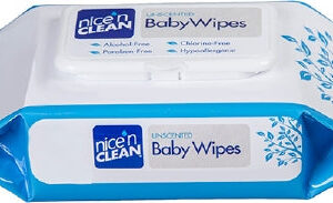 Nice 'N Clean Baby Wipe, Unscented, 7" x 8", Sterile, Latex-free, Tub of 80