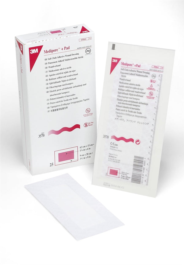 3M Medipore Soft Cloth: 3.5" x 8", 25 Count, Sterile White